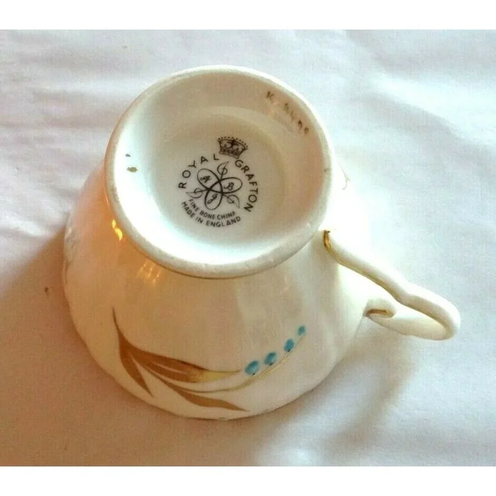 Vintage Royal Grafton – Bone White with Gold Floral & Teal Dots Tea Cup & Saucer